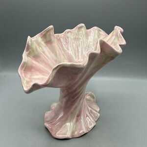 Vintage Ceramic Vase Swirl Twisted Pink Green Iridescent Hand Painted 6.5" MCM